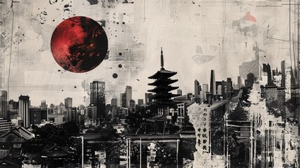 Craft a vintage grunge black and white collage poster featuring an Asian cityscape. Incorporate diverse textures and shapes for a dynamic visual composition - obrazy, fototapety, plakaty