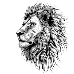 "A Majestic Lion's Head in Profile: Detailed Line Drawing"

