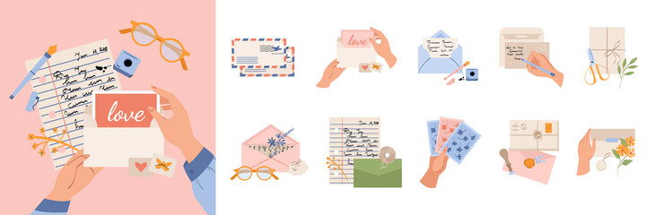Hand drawn flat mail icons with illustration set collection