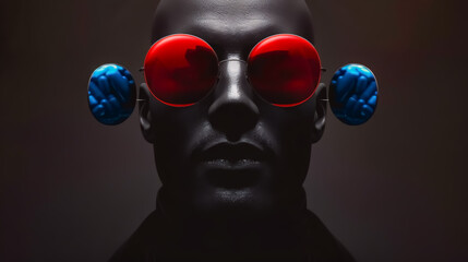 Close up of a mannequin head with red and blue sunglasses  - obrazy, fototapety, plakaty
