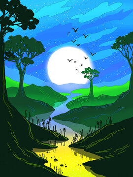 Digital landscape drawn on a tablet, depicting a river flowing among hills with trees and the rising sun on an blue sky (This illustration was drawn by hand without the use of generative AI!)