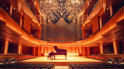 3D render of a concert hall with a grand piano on the stage. Large concert hall and stage with...