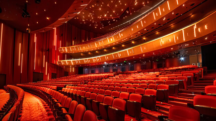 Cinema auditorium with red seats and lighting in evening time.  Large concert hall and stage with luxurious architecture.  - obrazy, fototapety, plakaty