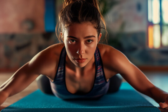 portrait of a woman in a sports top doing yoga, pilates on karimat in the gym