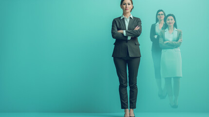 full length Woman Business manager standing in office leading her team on teal color background professional photography. - obrazy, fototapety, plakaty
