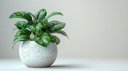A Chinese money plant in a white flower vas with a big empty space against a studio white backdrop for text or product, Generative AI.