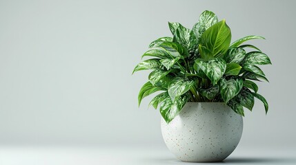A Chinese money plant in a white flower vas with a big empty space against a studio white backdrop for text or product, Generative AI.