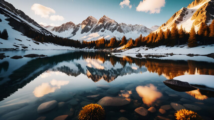 A serene mountain landscape with snow-capped peaks, reflecting the golden hues of sunrise in a crystal-clear alpine lake