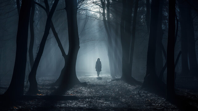 mysterious woman on spooky forest at night