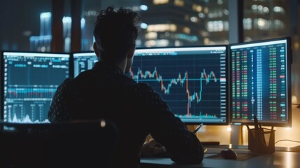 Dynamic stock market dashboard on a large screen, tracking real-time financial data
