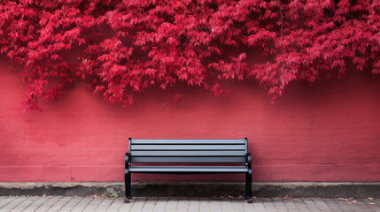 urban bench in autumn with red leaves