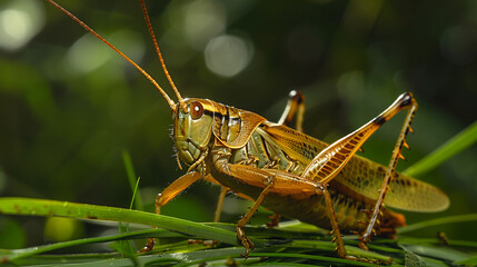 greenish yellow grasshopper leaper close up on a blade of grass