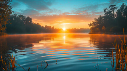 a beautiful sunrise landscape over a calm lake, an association with morning peace and the innocence of nature