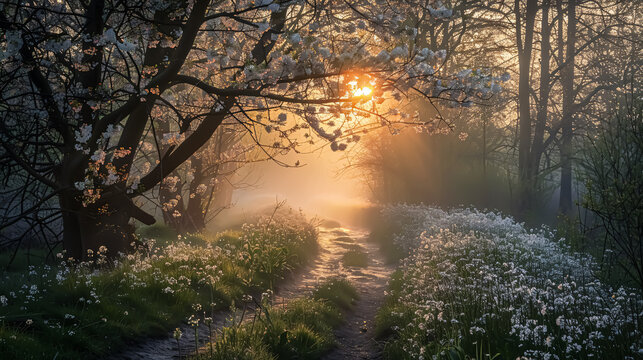 Beautiful spring landscape with blooming trees in the morning mist.
