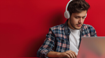 Intelligent male student writing essay for university while listening classic music for favourite playlist using bluetooth earphones and laptop on red color background professional photography
