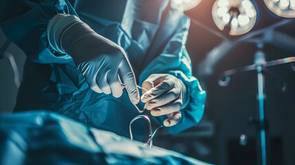 Man surgeon at work in operating room. Preparation for operation. - obrazy, fototapety, plakaty