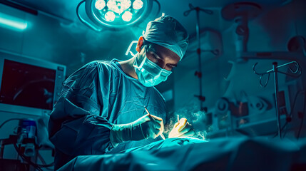 Man surgeon at work in operating room. Cardiology. Medicine and health care