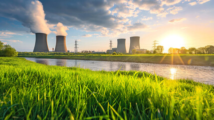 Landscape with pipes with steam at nuclear power plant near of green grass field and river, green energy concept