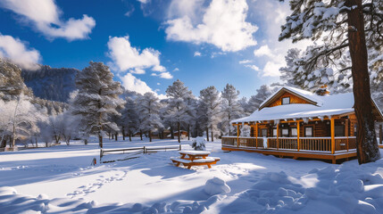 winter forest with a wooden house