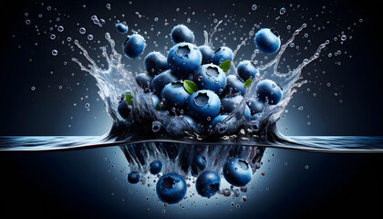 A bunch of ripe blueberries with water droplets captured mid-air as they fall into a deep black water tank. The blueberries vary in position and angle
