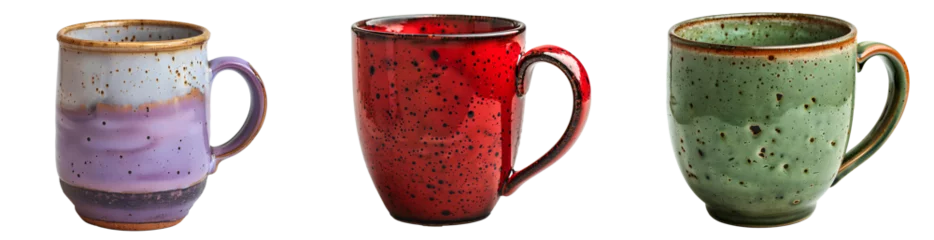  Purple mugs set PNG. Set of red cups PNG. Green rustic mug PNG. Cup for coffee or tea drinking isolated. Old rustic mug PNG © Divid