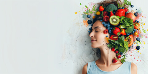 Portrait of woman with healthy food on her hair. Banner isolated on white background with copy space. Concept of relation between diet and mental health. - obrazy, fototapety, plakaty