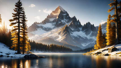 A serene mountain landscape with snow-capped peaks, reflecting the golden hues of sunrise in a crystal-clear alpine lake