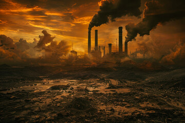 Apocalyptic vision of industrial might with multiple smokestacks against a fiery sunset - obrazy, fototapety, plakaty