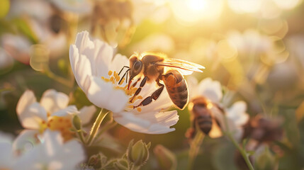in the good morning sunlight, bees fly, collecting nectar and pollen from flowers while pollinating, the usefulness of insects and the process of making honey