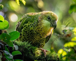 Kakapo perched on a mossy branch surrounded by the dense green forest underbrush soft dappled sunlight filtering through the leaves - obrazy, fototapety, plakaty