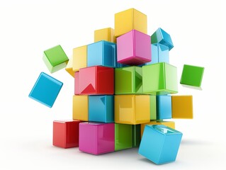 A creative stack of brightly colored cubes balanced in an abstract, playful arrangement.