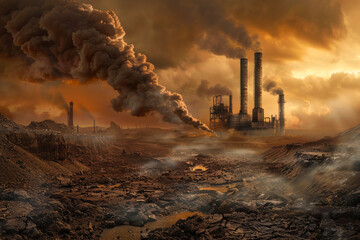 An industrial complex dominates a bleak terrain, belching smoke against a fiery sky - obrazy, fototapety, plakaty