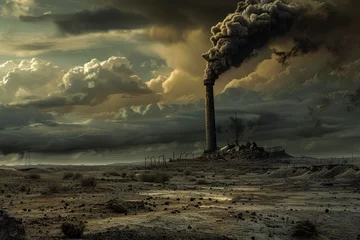 Schilderijen op glas A lone chimney emitting smoke into a cloud-filled sky over a barren desert landscape signifying ecological impact © Fxquadro