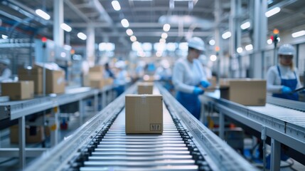 Employees in uniform working on conveyor line in a bright spacious facility. Workers in a warehouse logistics sector processing packages on assembly line. Transportation and processing of orders.
