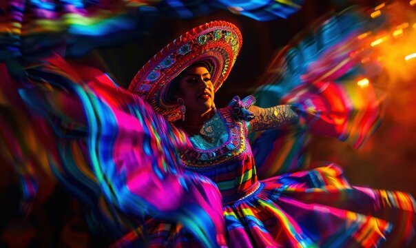 Mexican woman in sombrero dancing in colorful light on dark background. Colorful traditional Mexican dance at the festival of colors.