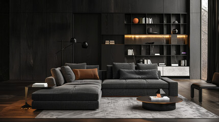 Aesthetic cozy gray corner sofa in the interior of a spacious dark room. Minimalistic style. Generative AI