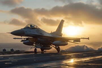 Front view of an F-16 fighter jet taking off from the runway on an aircraft carrier. Calm sea, cloudy evening sky and setting sun on the background.