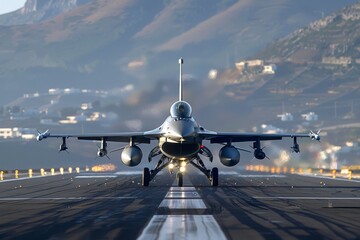 Front view of an F-16 fighter landing and taxiing on an aircraft carrier runway. Coastline landscape in the background. - obrazy, fototapety, plakaty