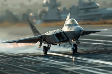 Front view of an F-22 Raptor fighter jet accelerating during takeoff on an aircraft carrier runway. The aircraft is sent on combat duty in offshore waters.