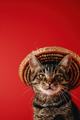 Cat wearing a mexican hat. Portrait of a cute tabby cat in sombrero hat on red background. - obrazy, fototapety, plakaty
