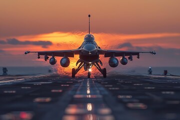Front view of an F-16 fighter landing and taxiing on an aircraft carrier runway. Cloudy evening sky and sea horizon in the background.