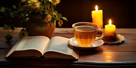 A cup of tea sits on a book next to a candle, Lit candle and flowers on a book, A candle and a book on a table, A tranquil start to the day Bible open in a cozy interior Generative ai