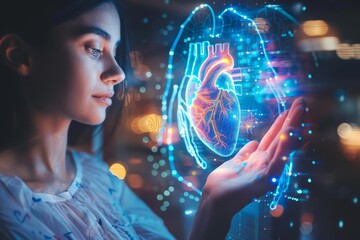 Portrait of a young woman holding neon glowing heart hologram in a dark room. A woman examines a detailed 3D holographic image of a human heart. Innovation, heart health and cardiology concept. - Powered by Adobe