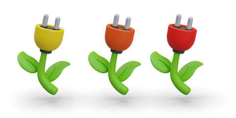 Set of green stems with electrical plugs of different colors. Natural energy, green fuel