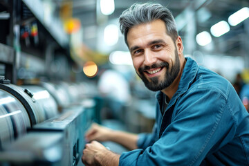 Portrait of a mature male worker at printing house. Confident smiling man operates the modern printing press. - obrazy, fototapety, plakaty