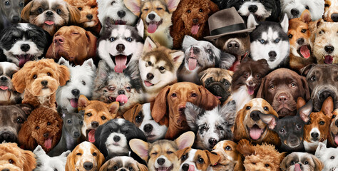 Collage of various dog breeds with different expressions, filling frame. Pets looks funny, healthy...