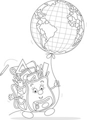 Funny cartoony Schoolbag completed with textbooks, exercise-books, rules, pencils and pens walking with an air balloon globe, black and white outline vector illustration for a coloring book