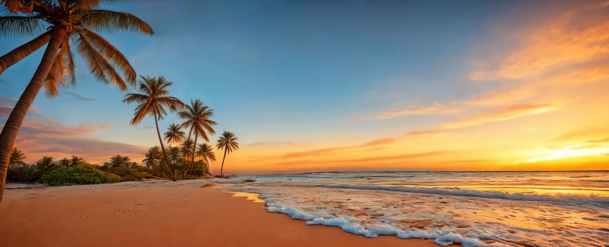 A sunset paints the sky in hues of orange pink over a tranquil beach with a palm tree swaying gently. Generative AI.