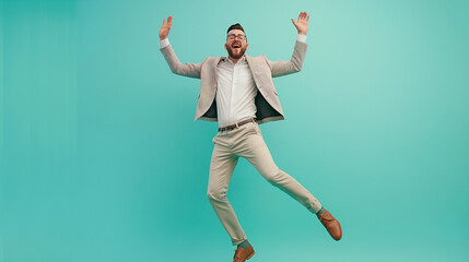 Skilled business man dancing with joyful while walking on teal color background.Project manger receive a good news,getting promotion,getting a successful job while express feeling of overjoyed.