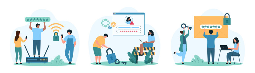 Cyber security, login and password for account, mailbox app, access to wifi network set. Tiny people protect data privacy from hacking with secret key of encryption cartoon vector illustration
